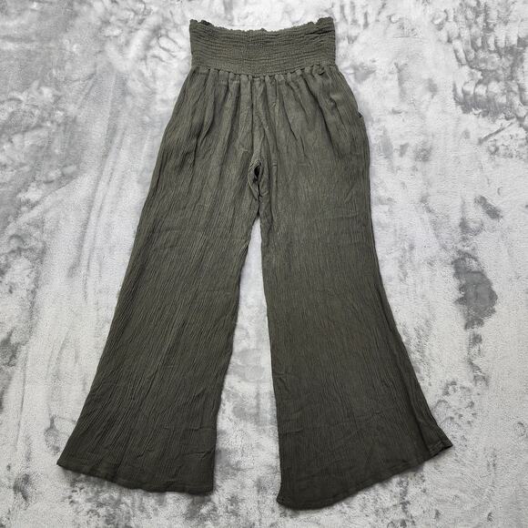 Mahina Pants Women M Green Crepe Rayon Pull On High Rise Smocked Waist Wide Leg - Picture 2 of 9